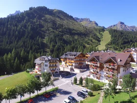 Small alpine village with traditional houses and green mountains in the background