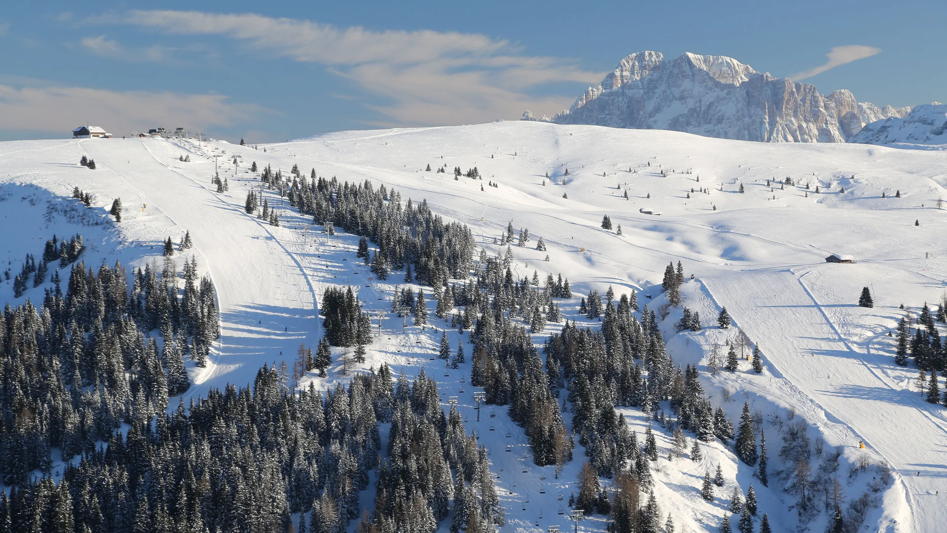 Bilder aus Arabba des Chalet Barbara Verschneite Skipiste mit Bäumen und Bergen im Hintergrund